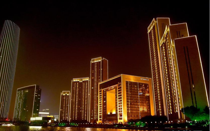 天津海河沿线夜景灯光